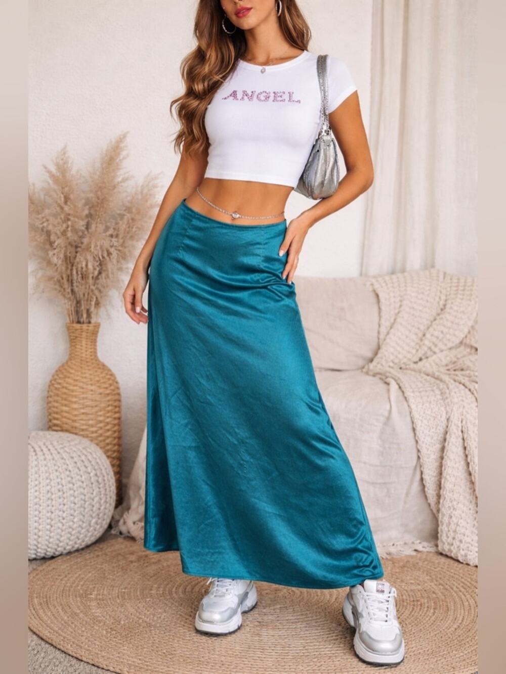 Vtg Y2K Teal Satin Maxi Skirt S A-Line Bias Cut Minimalist Mermaidcore Evening